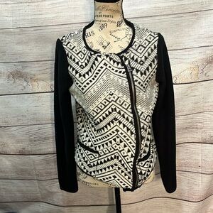 Lucky Brand Cardigan Sweater Asymmetrical  Front Zipper Tribal Print Size Large